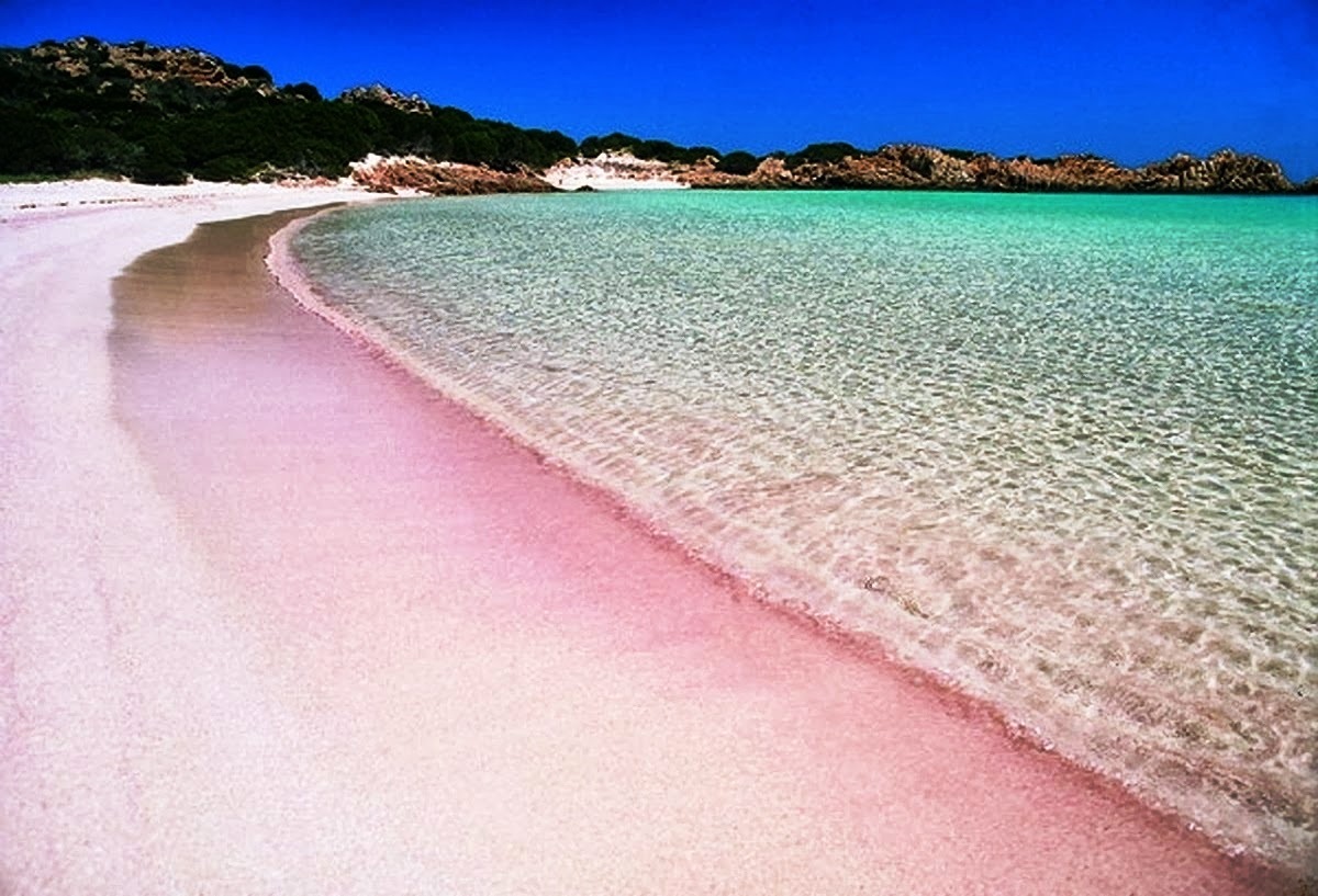 The pink sands of the Spiaggia Rosa beach in La Maddalena in north Sardinia